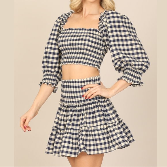Olivaceous Navy Plaid Puff  Sleeve Smocked Crop Top Ruffle  Skirt Set Navy - Picture 4 of 11